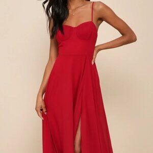 Cause for Commotion Red Pleated Bustier Maxi Dress